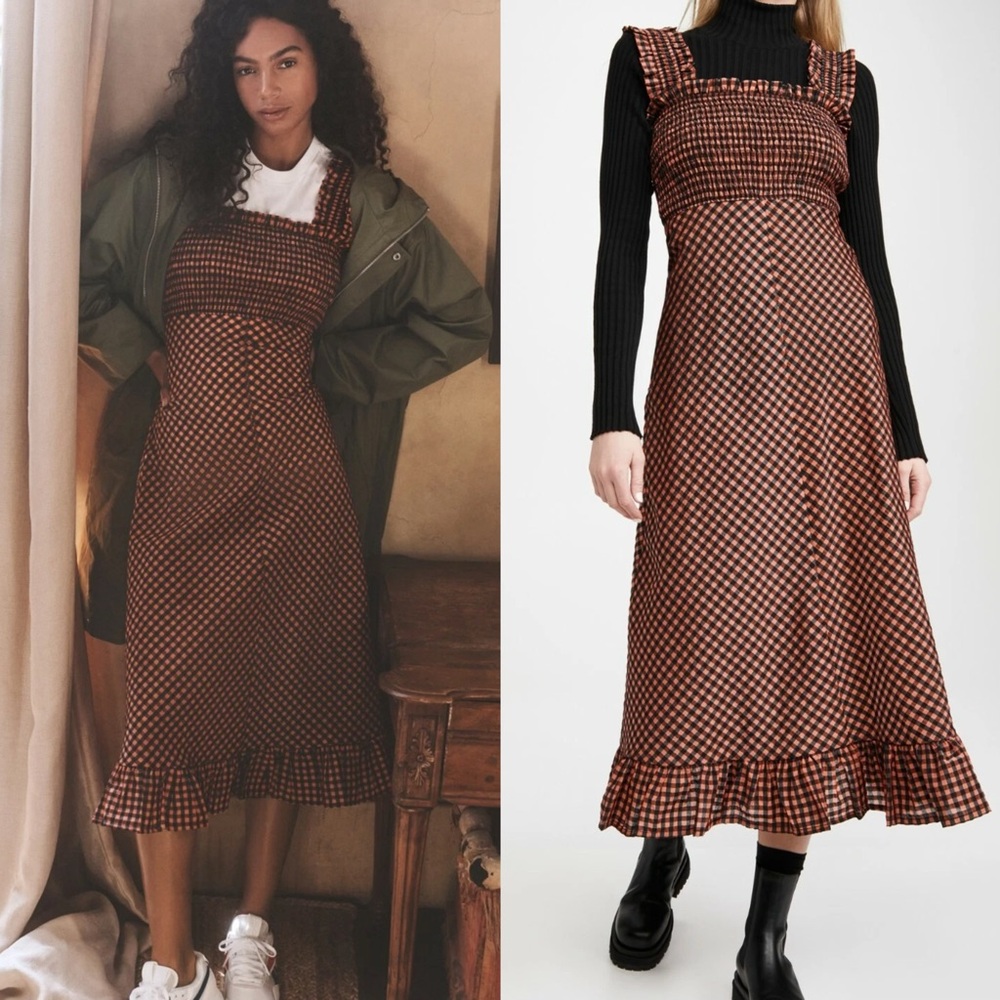NWT GANNI Orange and Black Seersucker Check Long Dress 38 EU | 6 US | M